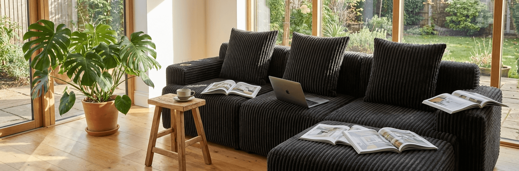 Cloud sofa with magazines and laptop
