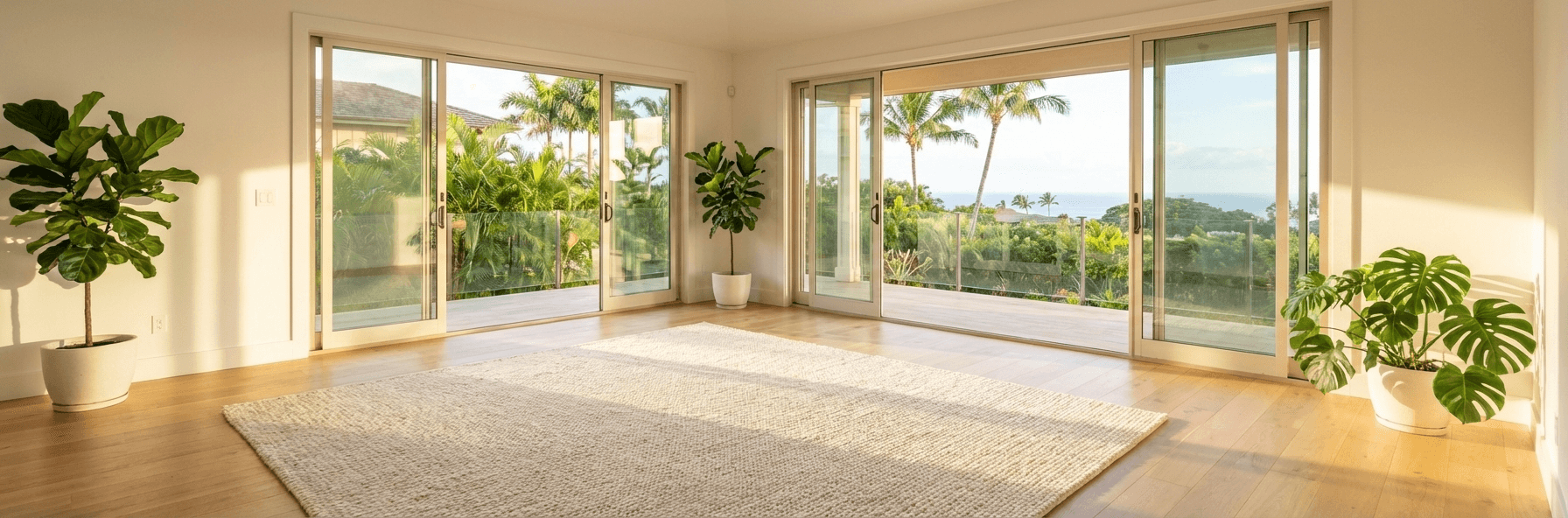 Bright Hawaiian living room with tropical views