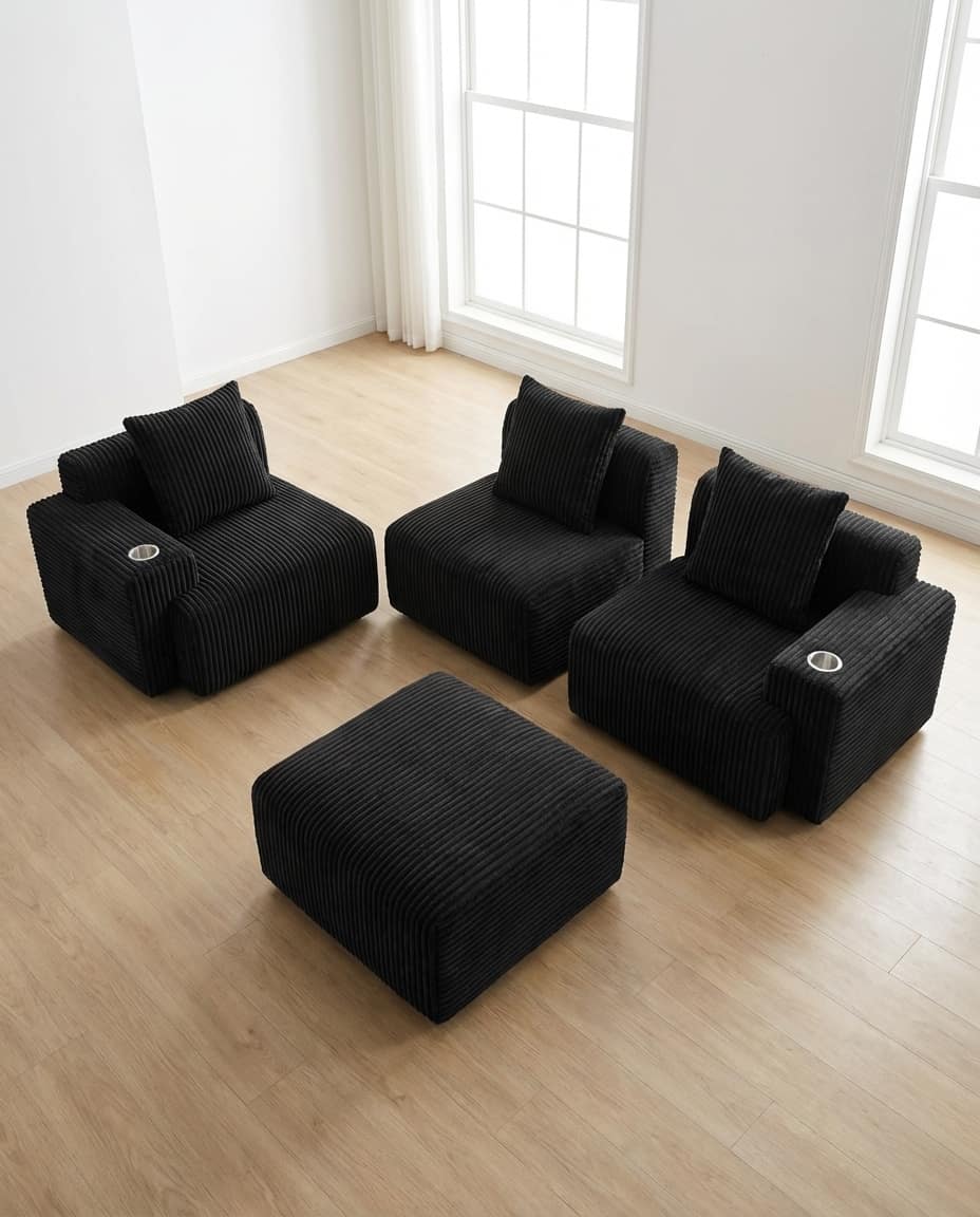 The four pieces of the Modular Cloud Sofa: left-arm chair, armless chair, right-arm chair and ottoman