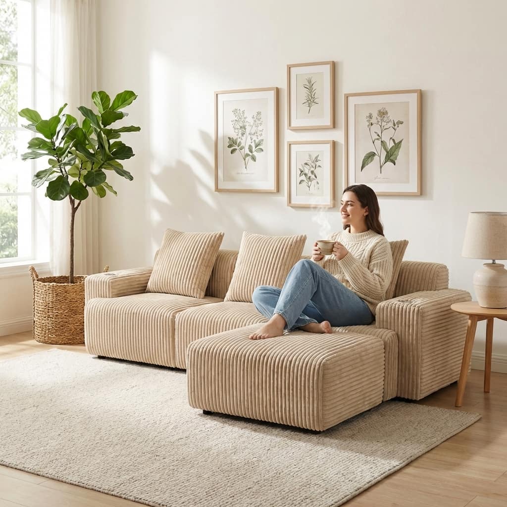 A woman relaxing on the beige Modular Cloud Sofa in a bright living room